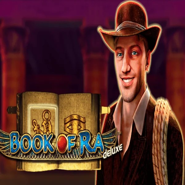 Book of Ra Deluxe online game logo by Novomatic on boomzino-casino.eu