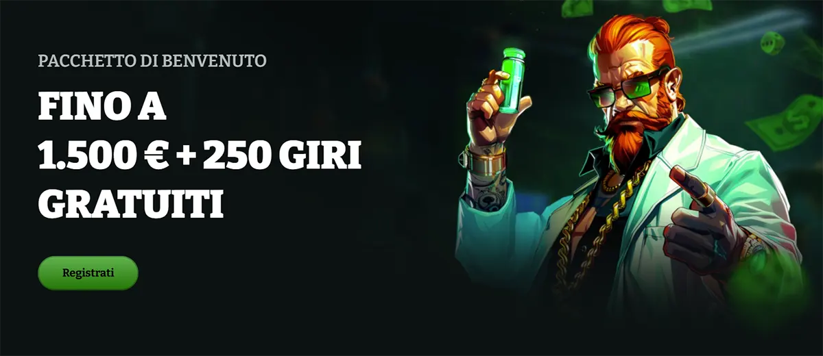 Italian casino welcome banner with a bonus offer up to €1,500 plus 250 free spins, green registration button, and an illustrated bearded man holding a glowing vial on a dark background.