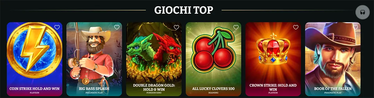 Italian top games section showing Coin Strike Hold and Win, Big Bass Splash, Double Dragon Gold: Hold & Win, All Lucky Clovers 100, Crown Strike: Hold and Win, and Book of the Fallen on a dark casino interface.