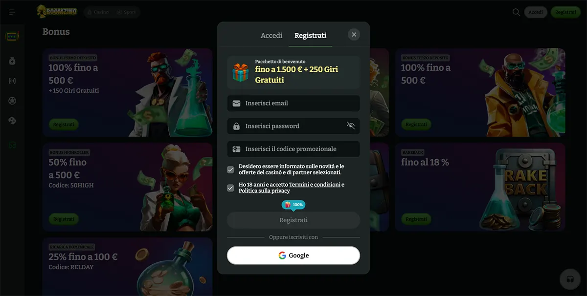 Italian Boomzino registration popup over the bonus page, showing a welcome package up to €1,500 plus 250 free spins, email and password fields, promo code entry, consent checkboxes, and Google sign-up option.
